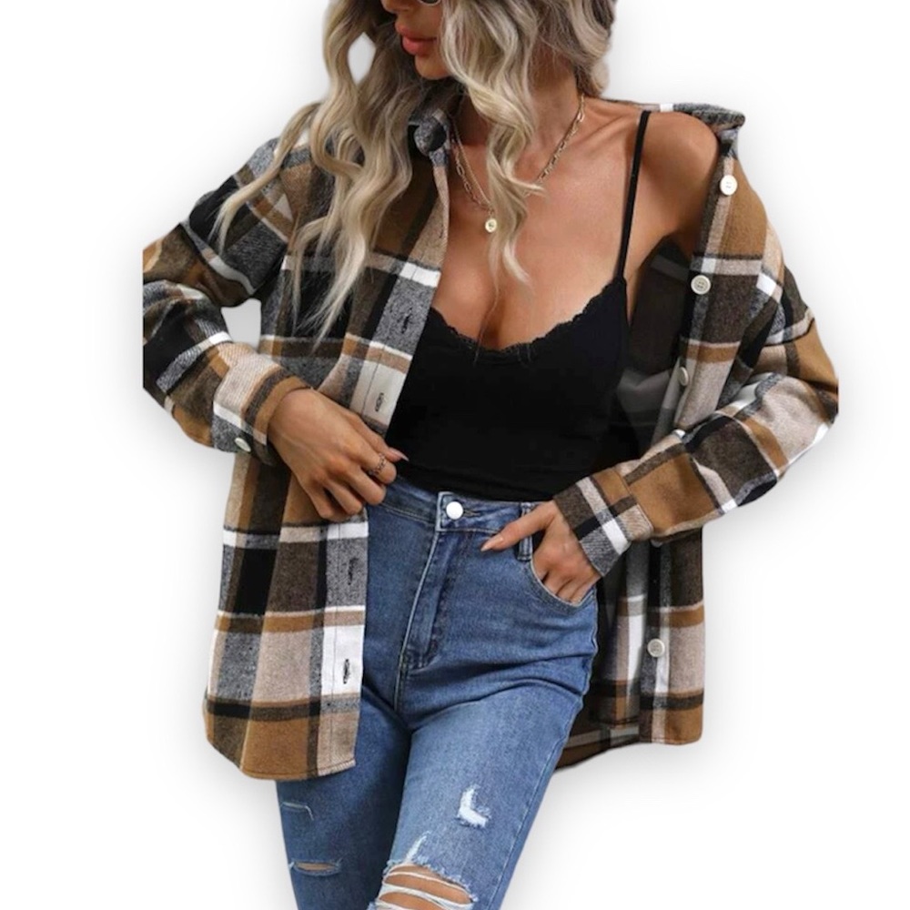 New Bohemian Casual Khaki Soft Collard Plaid Print Button Front Blouse Large - Picture 2 of 11